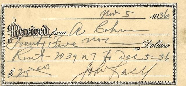 Abe Cohn $25 check for rent