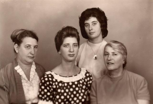 Roza Shatajko Komar, Tziporah Polsky, Laura Komar Breitberg, and Estehr (Fira) Komar, 1961. See Notes