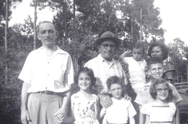 Sammy Cohen, holding Libby Cohen Needle's hand, Marvin Cohen next to her, Abe Cohn, Fannie Cohn Cohen holding Harvey Cohen, with Stephen & Natalie Schreiber (from Waycross, GA). At Okefenokee Swamp Park, GAJune 1955