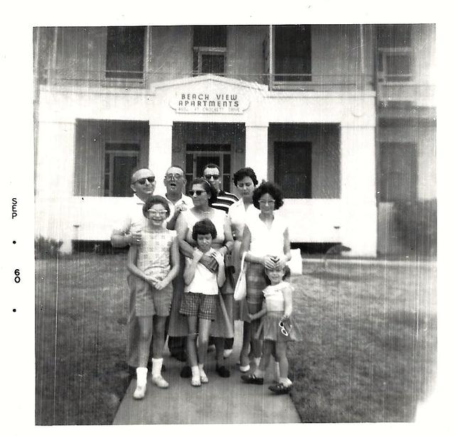 Morris Tulchinsky holding Linda Tulchinsky Siegel and Esther Baellow Wolfson in the sunglasses. Rest are unknown, Sept 1960