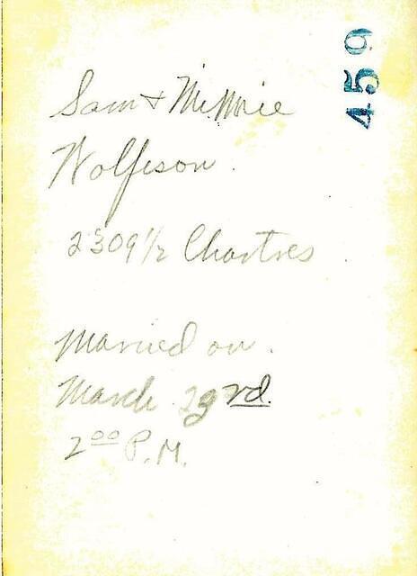 Wedding of Sam and Mimie Wolfson 2309 1/2 Chartes, Married on March 23