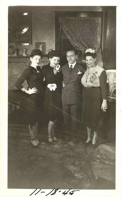 Eva Cohn Tulchinsky, Bertie Cohn Levin, Sammy Cohen, Esther Baellow Wolfson.  Nov 18, 1945