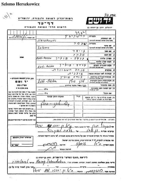 Szlomo Herszkowicz Shlomo Hershkowitz - Yad Vashem Page of Testimony