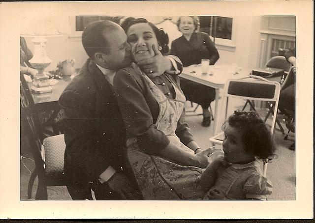 Louis Pelofsky inappropriately kissing Thelma Hecht Clutz, 1949