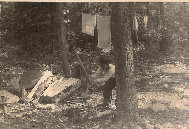 1949 - Larry Clootz chopping wood at the cabin