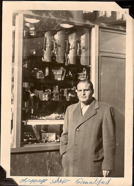 Ted Clutz at a luggage shop in Frankfurt, Germany, 1953