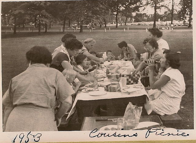 Anna Hecht, Linda Feder (blond girl), Sylvia Feder, Ella Clutz, Steve (at the end), Helen Clutz, Sarah Seiss (w glasses), and Thelma w Linda (on lap), 1953