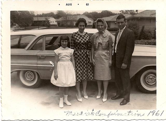 See notes.  Linda Clutz Cohn, Thelma Hecht Clutz, Marcia Clutz Tropp,& Larry Clutz Clootz before Marcia's Confirmation, 1961