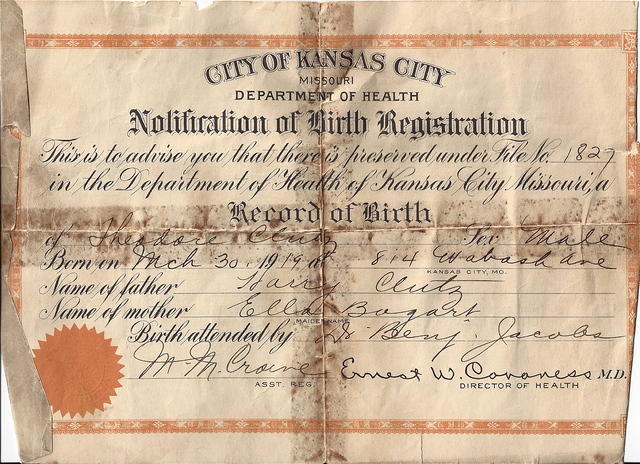 Ted Clutz Birth Certificate 1919