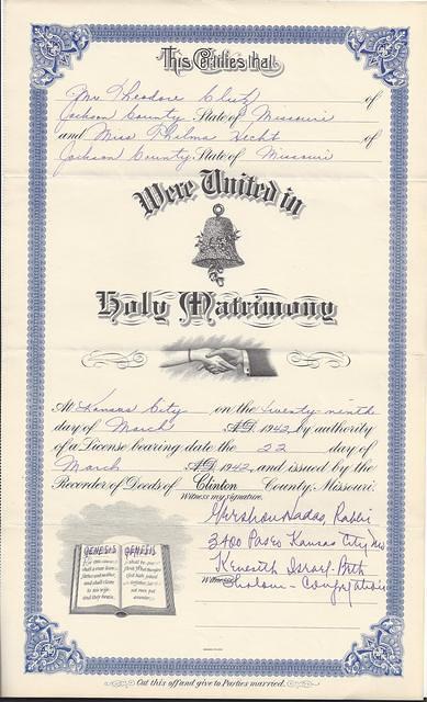 Ted Theodore and Thelma Hecht Clutz Marriage Certificate