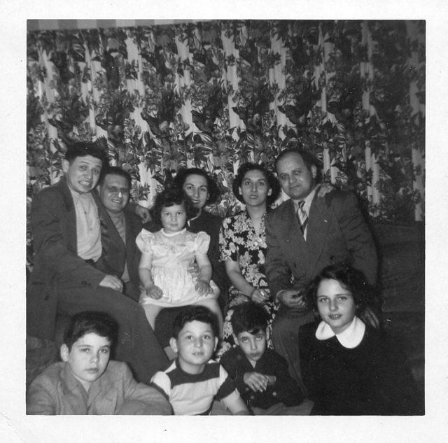 LEFT TO RIGHT:  Gene Hersh, Ted Clutz, Marcia Clutz Tropp, Thelma Clutz Magariel, Naomi Hecht Pelofsky, Louis Pelofsky  BOTTOM ROW:  Joel Pelofsky, Larry Clootz, Larry Pelofsky, and Sonia Overbeck Livingston