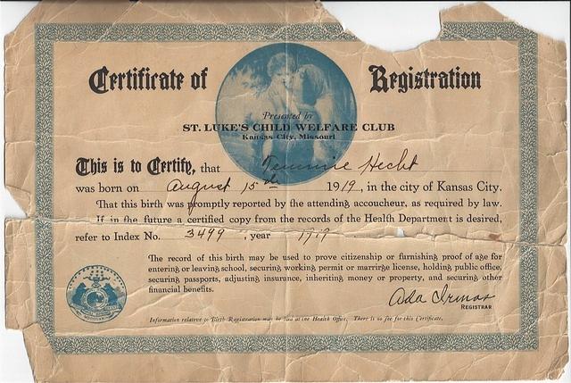 Temmie (Thelma) Hecht Clutz Birth Certificate 1919