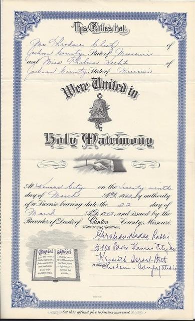 Theodore Ted Clutz & Thelma Hecht Marriage Certificate, 1942