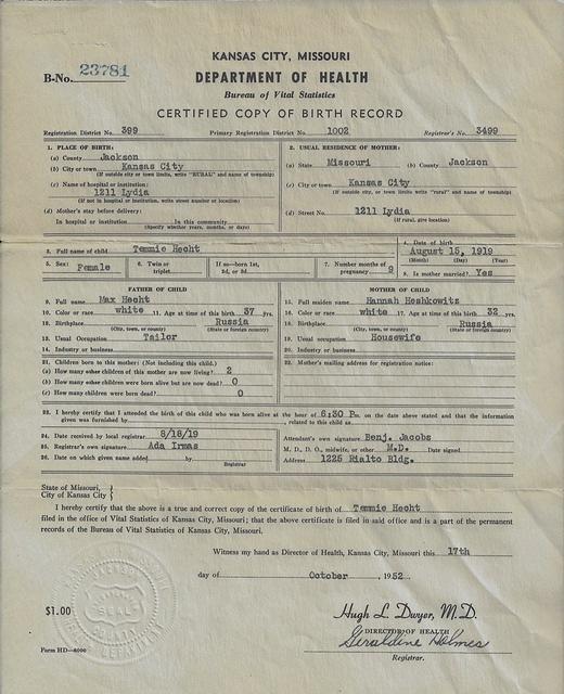 Temmie (Thelma) Hecht Birth Certificate