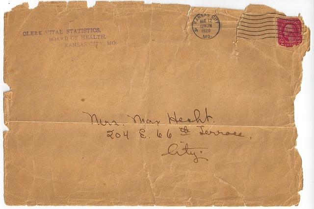 Envelope addressed to Max Hecht.  Contents included birth certificate of Thelma Hecht.