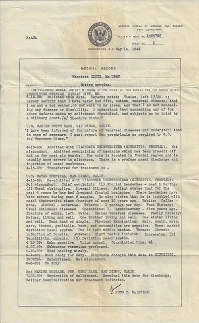 Theodore Ted Clutz Military Medical Discharge Papers