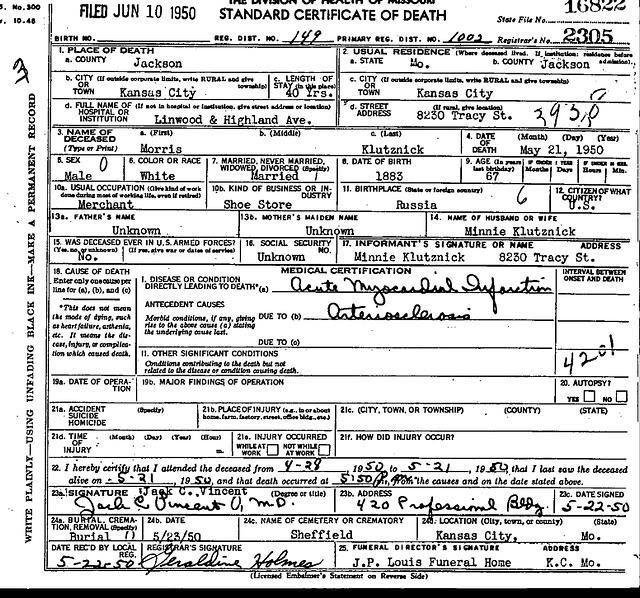 Morris Klutznick Death Certificate