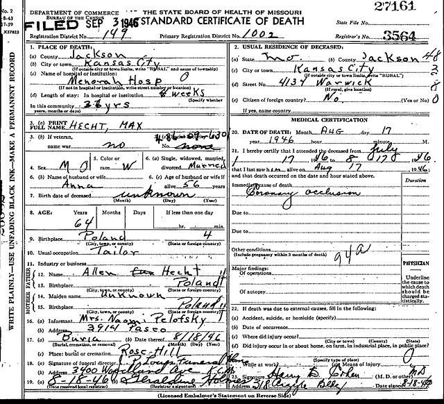 Max Hecht Death Certificate 2