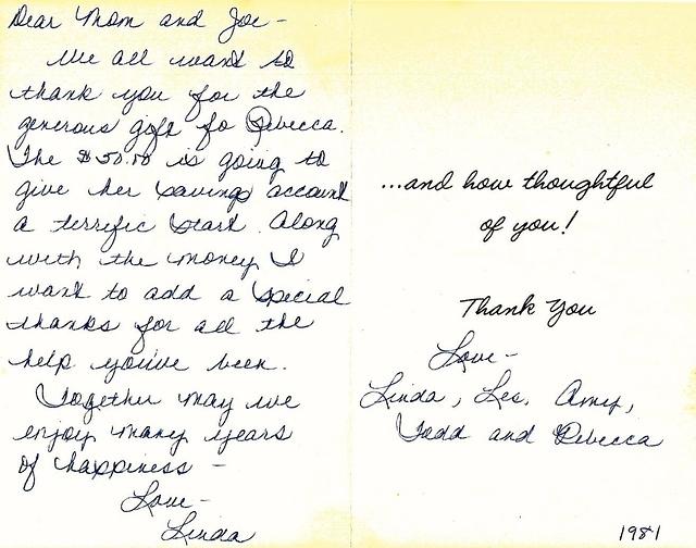 Thank you card to Thelma Hecht Clutz and Joe Magariel from Les and Linda Clutz Cohn for $50 for Becca Cohn Wexler birth, 1981