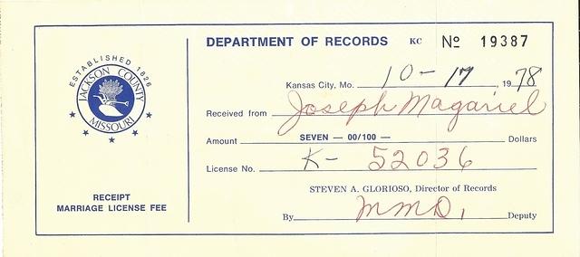 Joe Magariel and Thelma Hecht Clutz - Marriage License Fee Receipt, 1978