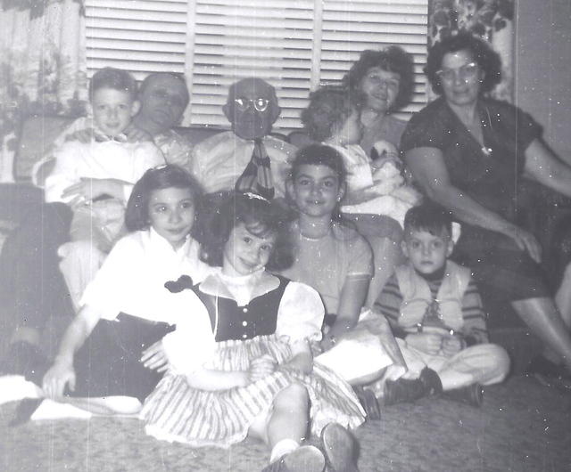 Back Row: Morris Tulchinsky, Abe Cohn, ?, Fannie Cohn Cohen, Esther Baellow Wolfson.  Front Row: Linda Tulchinsky Siegel, Bari Tulchinsky Efron, Libbi Cohen Needle, Marvin Cohen