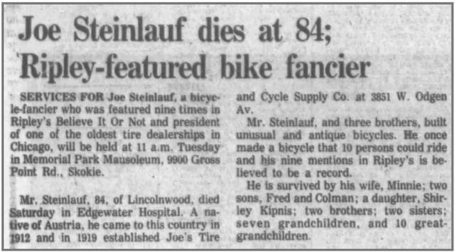 Joe Steinlauf Bike Bicycle Obituary