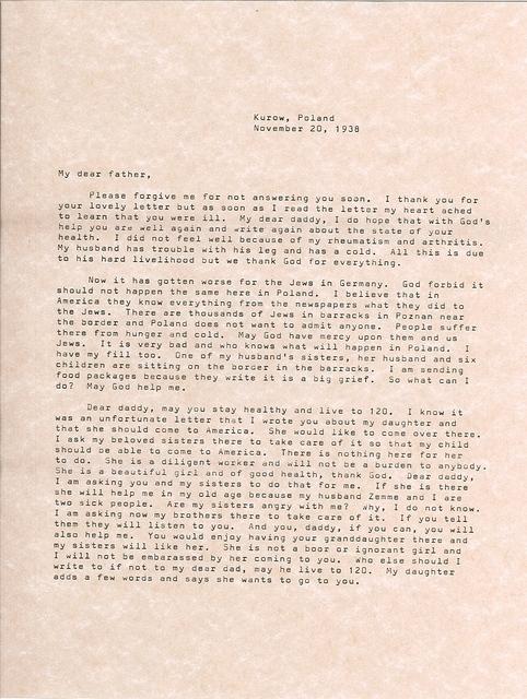 Letter from Yentl Steinlauf.  Page 1 of 2.  November 20, 1938.  See notes.