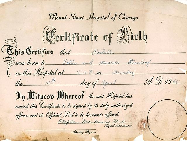 Rochelle Steinlauf Adler, Birth Certificate, 1946