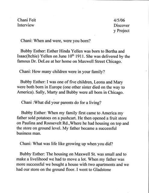 Chani Feit interview of Bubby Esther Yellen Steinlauf (1 of 3)