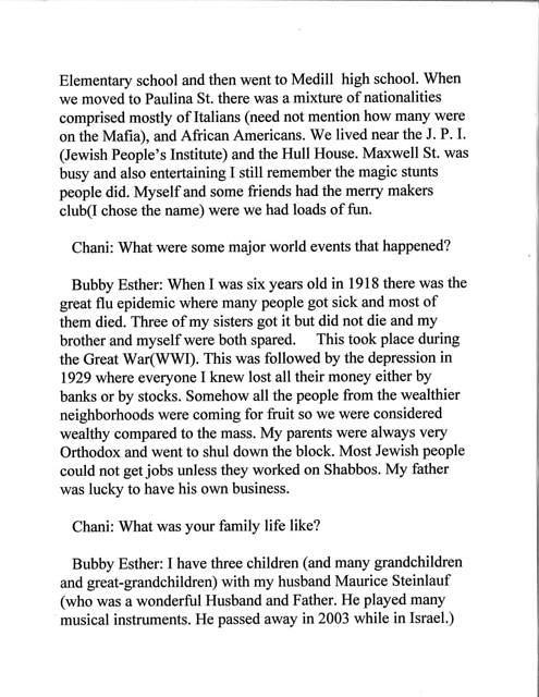 Chani Feit interview of Bubby Esther Yellen Steinlauf 2 of 3