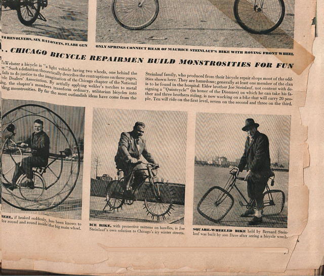 Joe Steinlauf (spiked tires) and Bernard Steinlauf (square tires) on bike