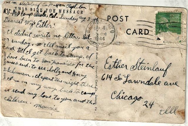 Postcard from Maurice to Esther Yellen Steinlauf, 1944.  (back) See notes.