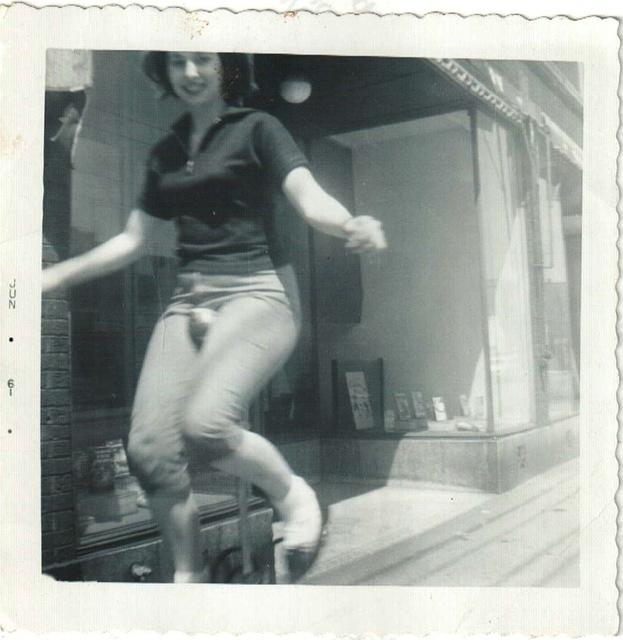 Joyce Steinlauf Corcia on unicycle. June 1961