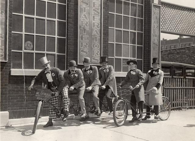 "Reunion Bicycle" Steinlauf brothers Joe, Charles Charlie, Maurice, and David Dave. Second bike is Fred (Joe's son) and Bernard Shlomo Ber Steinlauf. August 15, 1937.