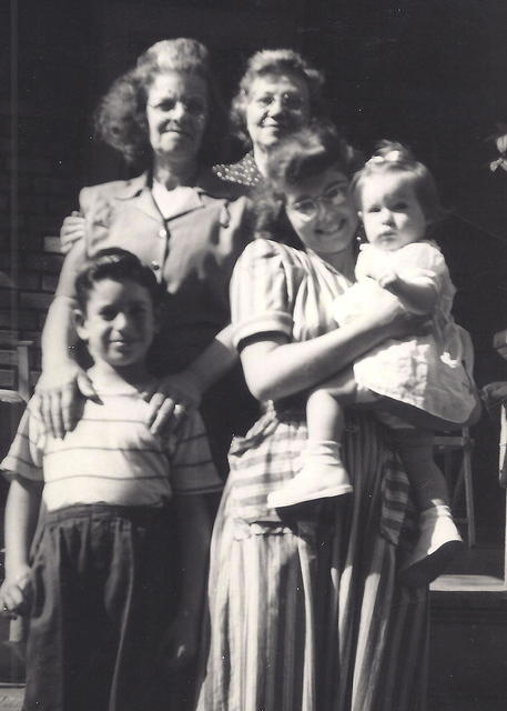 In the back L to R is Esther Balaban Portnoy and Jennie Herman Baellow.  In the front is Larry Levinson and Goldie Portnoy Leon holding Rita Levinson Golding, 1948 Kansas City.