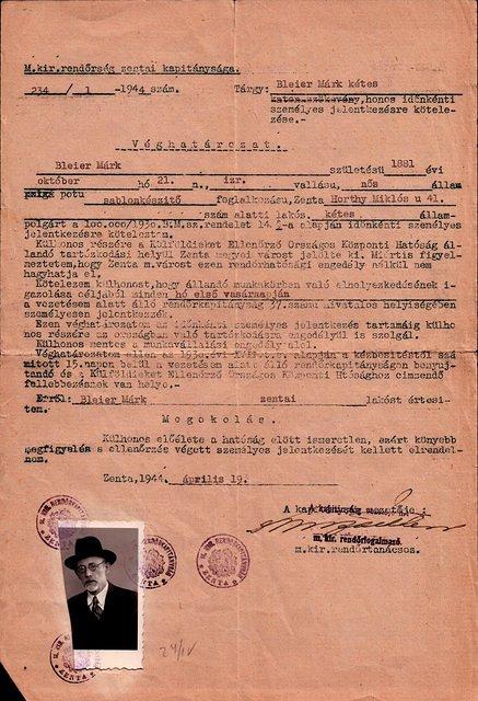 Needs Translation. Mordechai Bleier, Zenta, Yugoslavia.  April 19, 1944.  See notes