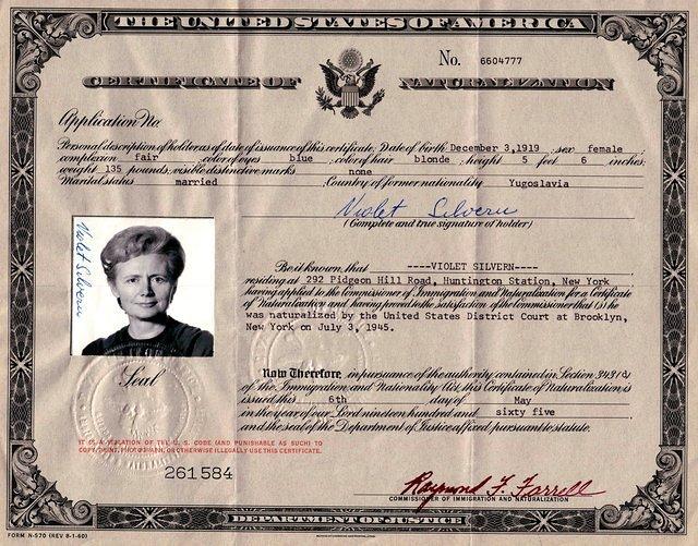 Violet Bleier Silvern, Certificate of Naturalization, 1965