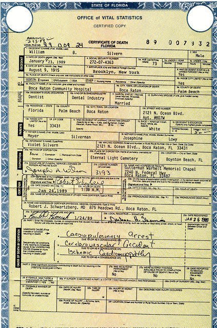 Bill Silvern, Death Certificate, 1989