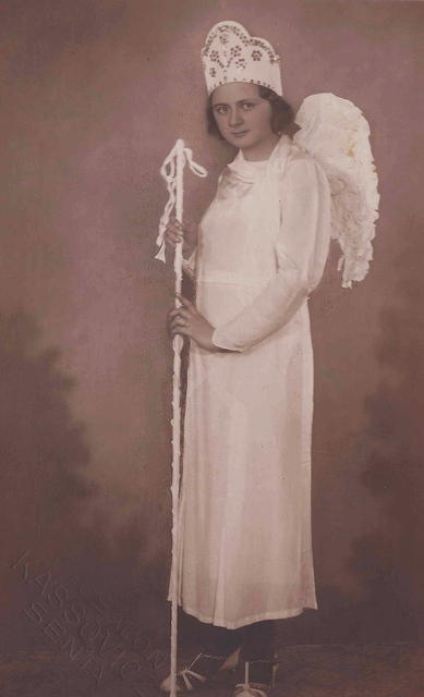 Violet Bleier Weiss Silvern dressed up for a school play in Zenta, Yugoslavia. 1934.