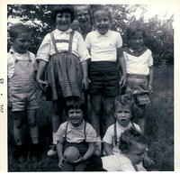 ?, Chani Farber, Dovid Farber, Raizy Fisher, Gitty Meyer Eckstein, Bottom: Gitty Farber Solomon and her brother, Little baby ?, 1963