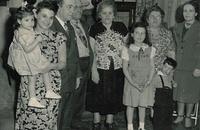 Fannie Baellow Stolov holding Beth Stolov Bayzman, Ben Schulman, David and Rissel Cohn Ribakoff, Chike Cohn  Baellow, Mildred Galitzky Schulman