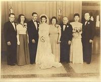 Wedding Portrait. ?, ?, Arnold Levine, Shirley Cohn Levine, Rose Karosen Cohn, Pete Cohn, Virginia Bachos Cohn and Martin Cohn. Kansas City, KS  June 23, 1946