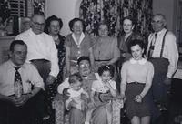 Standing: Pete Paul Cohn, ?, Rose Karosen Cohn, Chike Cohn Baellow, Mildred, Abe Cohn .  Seated: Ben Schulman,  Yaakov Mechal holding Sherry and Joel Levine, Shirley Cohn Levine