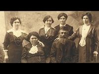 Aranka's Wedding Portrait.  Celia, Aranka Weinblum Davis, Ethel Weinblum Waxberger, Regina Weinblum, (seated) Fani Izsak, Naftali Hertz Ignacz Weinblum, 1914,  Fuzesgyarmat, Hungary.  See Notes.