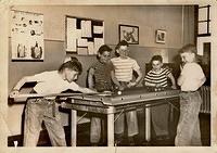 Joe Weiss playing pool billiards at Pride of Judea Orphanage, abt 1945