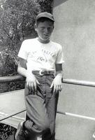 Joe Weiss wearing a Camp Galila tshirt at Hyde Park. 1951. 12 1/2 years.  See notes.