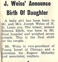 Rebecca Edith Weiss Goldstein Birth Announcement