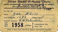 Joe Weiss Carpenters Union Card 1958