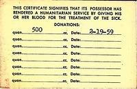 Joe Weiss Blood Donation Card 1959