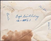 Abe Cohn's birthday with Marietta (hand), Hike, & Eva, 1963 (back)